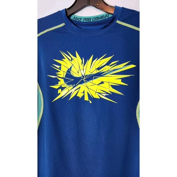 Nike Pro Combat Shirt Dri Fit YOUTH L Long Sleeve Blue Yellow Logo Swoosh Large - Picture 2 of 11